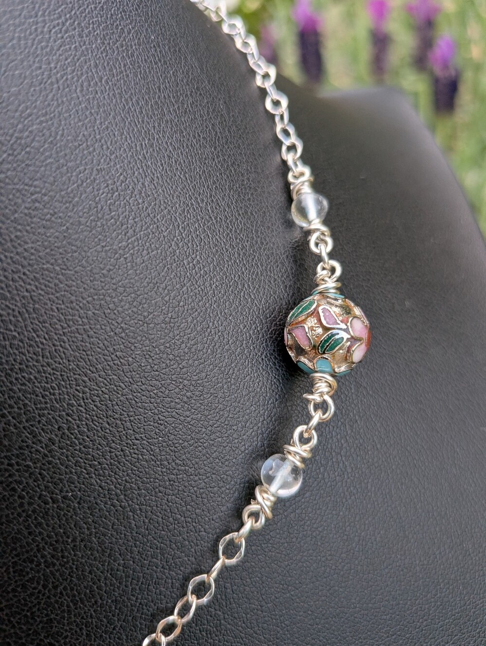 Sterling Silver Flower Necklace - Vintage Cloisonne Beads - Topaz Gems - Picture 9 of 14